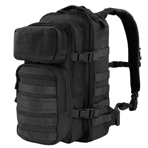 The Condor Compact Assault Backpack Gen II 24L is a black tactical pack featuring multiple zippered compartments, adjustable straps, side buckles, and MOLLE webbing—ideal for EDC or range trips.