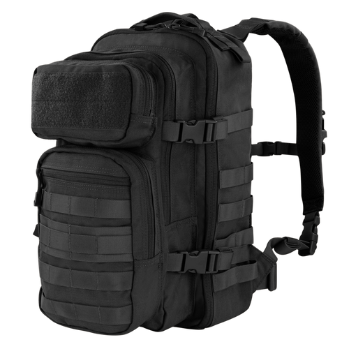 The Condor Compact Assault Backpack Gen II 24L is a black tactical pack featuring multiple zippered compartments, adjustable straps, side buckles, and MOLLE webbing—ideal for EDC or range trips.