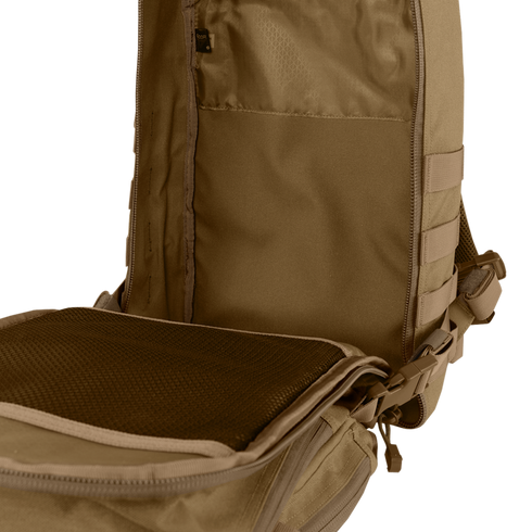 The Condor Compact Assault Backpack Gen II 24L in tan, designed for EDC and bushcraft, features a mesh pocket on the flap and a spacious main compartment with extra storage slots.