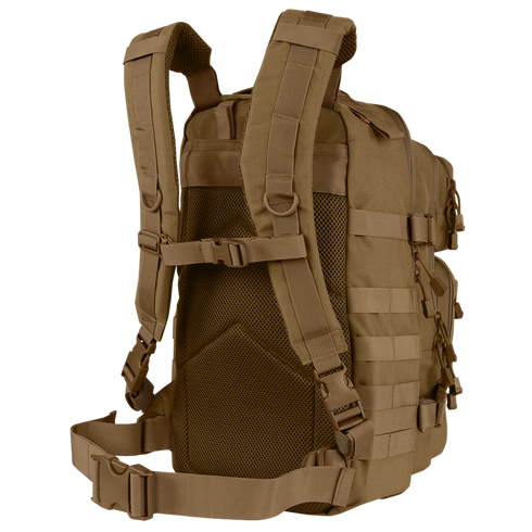 The Condor Compact Assault Backpack Gen II 24L in tan features multiple straps, padded shoulder supports, a mesh back panel, and side MOLLE webbing—ideal for military or law enforcement use.