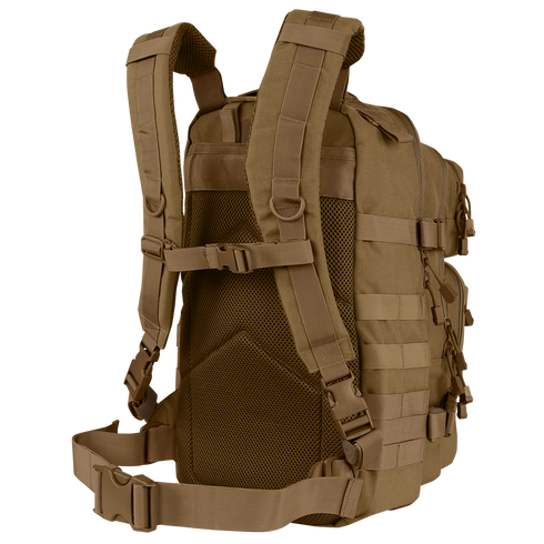 The Condor Compact Assault Backpack Gen II 24L in tan features multiple straps, padded shoulder supports, a mesh back panel, and side MOLLE webbing—ideal for military or law enforcement use.