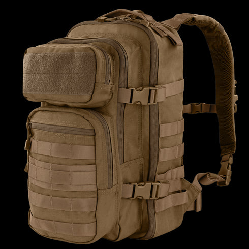 The Condor Compact Assault Backpack Gen II 24L, in tan, features multiple zippered compartments, MOLLE webbing, adjustable shoulder straps, and side buckle closures—ideal for EDC or bushcraft enthusiasts.