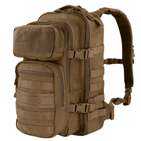 The Condor Compact Assault Backpack Gen II 24L, in tan, features multiple zippered compartments, MOLLE webbing, adjustable shoulder straps, and side buckle closures—ideal for EDC or bushcraft enthusiasts.