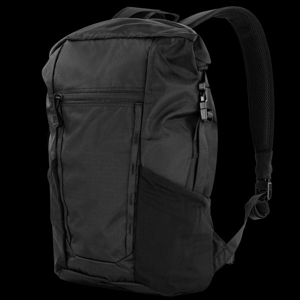 The Condor Aero Roll-Top Backpack 25L is a black pack featuring a top handle, zippered front and side pockets, and padded shoulder straps—perfect for law enforcement or first responders.