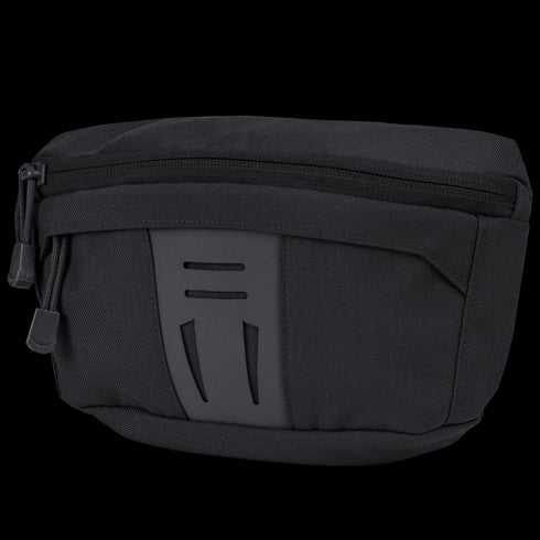 The Condor Draw Down Waist Pack Gen III is a black tactical zippered pouch made from durable fabric, featuring a front pocket and a rubberized accent panel.