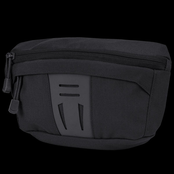 The Condor Draw Down Waist Pack Gen III is a black tactical zippered pouch made from durable fabric, featuring a front pocket and a rubberized accent panel.