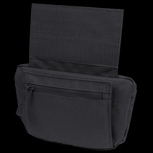 The Condor Draw Down Waist Pack Gen III is a black nylon tactical pouch with a zippered front pocket and open flap, designed to carry small items—perfect for law enforcement or first responders.