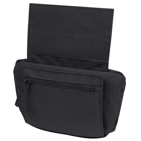 The Condor Draw Down Waist Pack Gen III is a black nylon tactical pouch with a zippered front pocket and open flap, designed to carry small items—perfect for law enforcement or first responders.