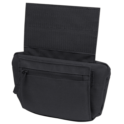 The Condor Draw Down Waist Pack Gen III is a black nylon tactical pouch with a zippered front pocket and open flap, designed to carry small items—perfect for law enforcement or first responders.