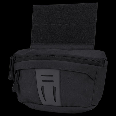 The Condor Draw Down Waist Pack Gen III is a black utility pouch with a zippered main compartment and large Velcro top flap, designed for easy attachment to gear—ideal for military or first responder use.