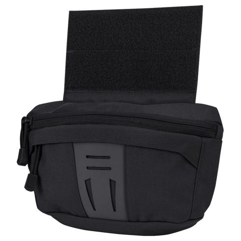 The Condor Draw Down Waist Pack Gen III is a black utility pouch with a zippered main compartment and large Velcro top flap, designed for easy attachment to gear—ideal for military or first responder use.
