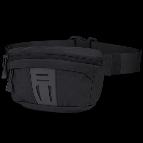 The Condor Draw Down Waist Pack Gen III, a tactical black bag with a zippered main compartment, front pocket, and adjustable strap, is displayed against a white background.