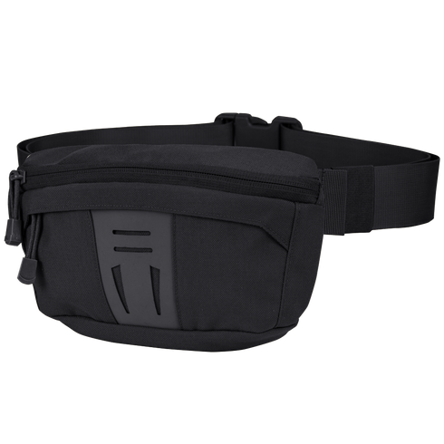 The Condor Draw Down Waist Pack Gen III, a tactical black bag with a zippered main compartment, front pocket, and adjustable strap, is displayed against a white background.