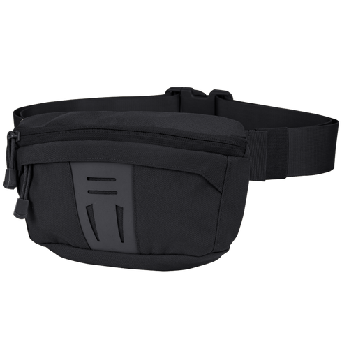 The Condor Draw Down Waist Pack Gen III, a tactical black bag with a zippered main compartment, front pocket, and adjustable strap, is displayed against a white background.