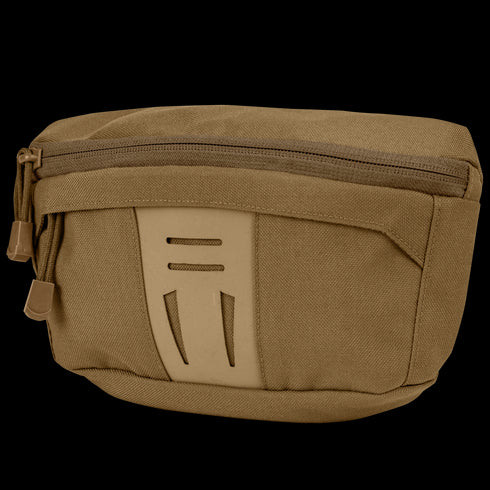 The Condor Draw Down Waist Pack Gen III is a tan tactical zippered pouch with a front pocket and decorative slits, crafted from durable fabric—perfect for first responders or daily use.