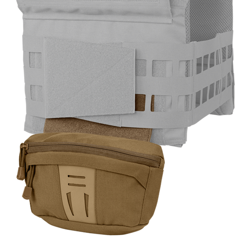 Close-up of the Condor Draw Down Waist Pack Gen III in tan, attached to the lower front of a light gray tactical vest featuring mesh and Velcro panels.