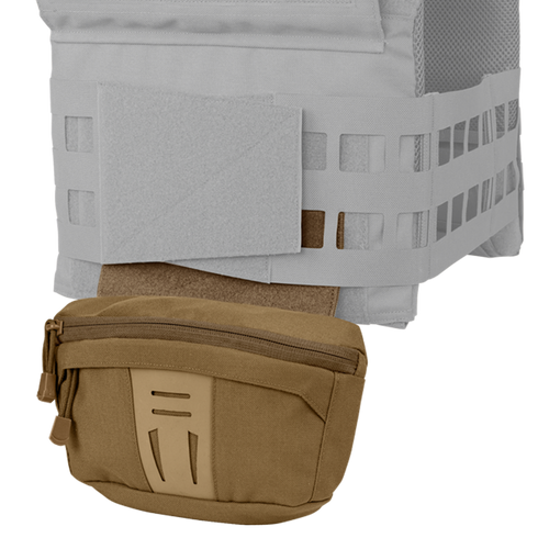Close-up of the Condor Draw Down Waist Pack Gen III in tan, attached to the lower front of a light gray tactical vest featuring mesh and Velcro panels.