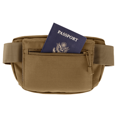 The Condor Draw Down Waist Pack Gen III in brown features a front zipper pocket with a passport partially visible inside.