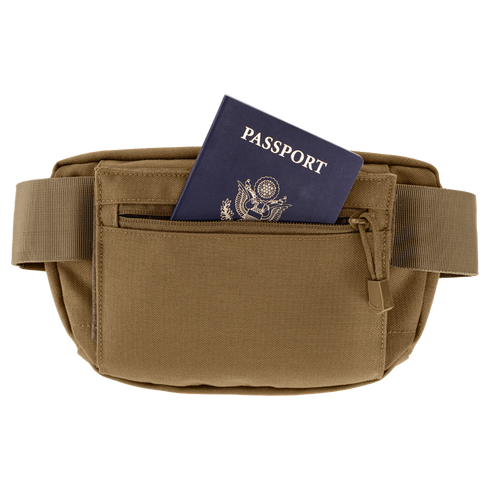 The Condor Draw Down Waist Pack Gen III in brown features a front zipper pocket with a passport partially visible inside.