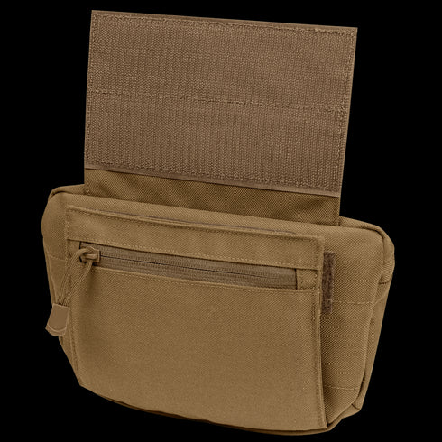 The Condor Draw Down Waist Pack Gen III is a tan tactical pouch with a zippered front pocket and hook-and-loop flap, crafted from durable fabric for military or first responder use when carrying small gear or accessories.