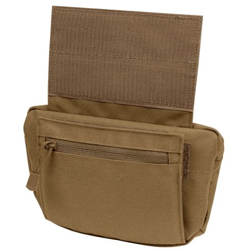 The Condor Draw Down Waist Pack Gen III is a tan tactical pouch with a zippered front pocket and hook-and-loop flap, crafted from durable fabric for military or first responder use when carrying small gear or accessories.