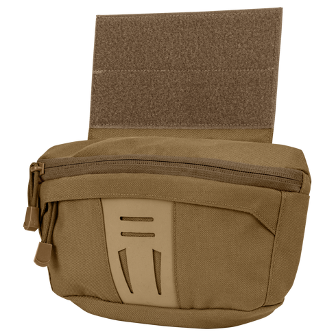 The Condor Draw Down Waist Pack Gen III is a tan tactical pouch with a zippered main compartment, front pocket, and Velcro back panel—ideal for first responders and law enforcement professionals.