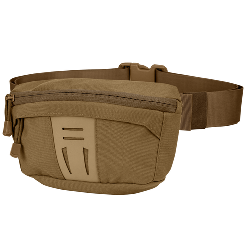 The Condor Draw Down Waist Pack Gen III features a tan color, front zipper pocket, adjustable strap, and minimalist design—perfect for first responders and law enforcement professionals.
