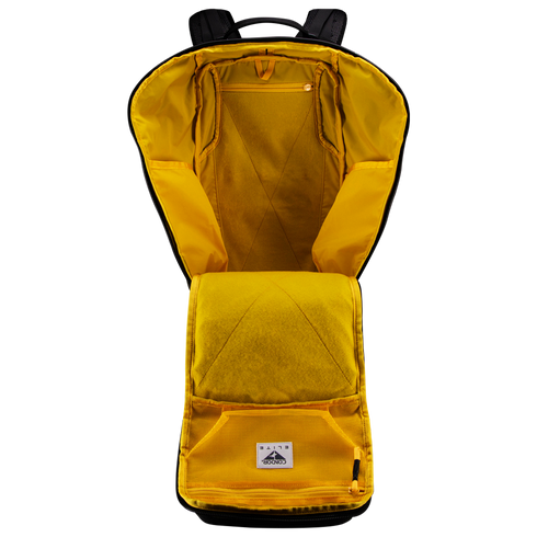 The Condor Nomad Backpack 25L in yellow is shown open, displaying interior compartments, a zippered pocket, and a fabric logo patch—perfect for everyday carry or first responder gear.