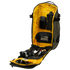 The Condor Nomad Backpack 25L is shown open, featuring a yellow interior, an American flag patch, multiple compartments, and organized EDC tools and gadgets for tactical use.