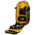 The Condor Nomad Backpack 25L is shown open, featuring a yellow interior, an American flag patch, multiple compartments, and organized EDC tools and gadgets for tactical use.