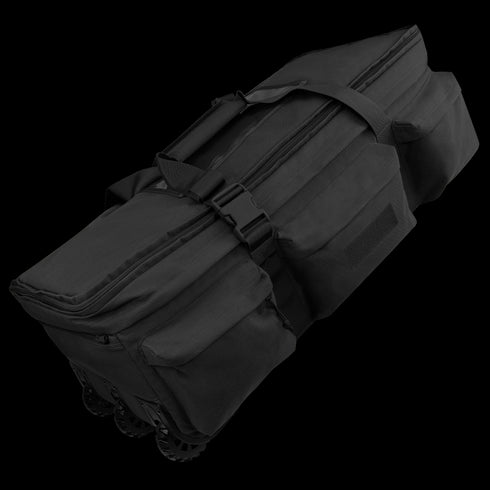 The Condor Haul 37 Rolling Duffle is a large black bag with wheels, multiple zippered compartments, sturdy handles, and reinforced straps—perfect for transporting military or first responder gear.