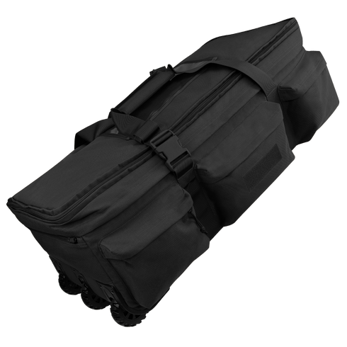 The Condor Haul 37 Rolling Duffle is a large black bag with wheels, multiple zippered compartments, sturdy handles, and reinforced straps—perfect for transporting military or first responder gear.
