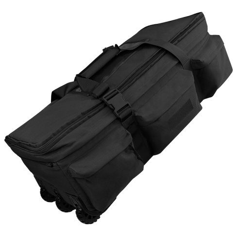 The Condor Haul 37 Rolling Duffle is a large black bag with wheels, multiple zippered compartments, sturdy handles, and reinforced straps—perfect for transporting military or first responder gear.
