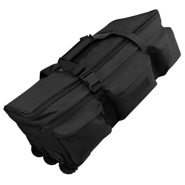 The Condor Haul 37 Rolling Duffle is a large black bag with wheels, multiple zippered compartments, sturdy handles, and reinforced straps—perfect for transporting military or first responder gear.