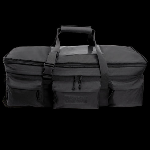 The Condor Haul 37 Rolling Duffle is a large black tactical bag with two handles, a shoulder strap, multiple zippered front pockets, and rolling capability—ideal for military or first responder use.