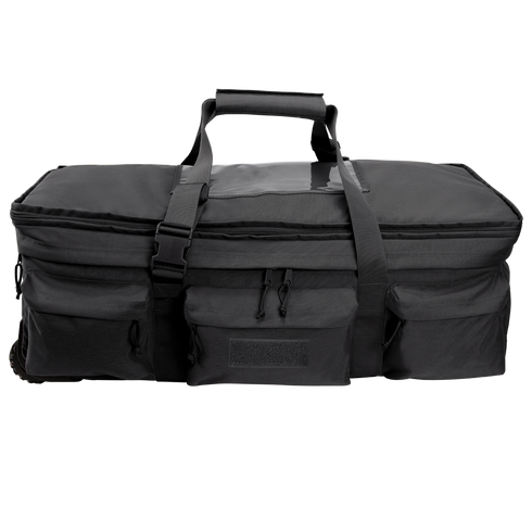 The Condor Haul 37 Rolling Duffle is a large black tactical bag with two handles, a shoulder strap, multiple zippered front pockets, and rolling capability—ideal for military or first responder use.