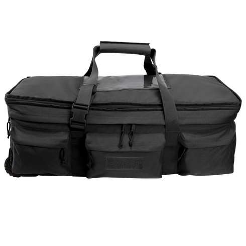 The Condor Haul 37 Rolling Duffle is a large black tactical bag with two handles, a shoulder strap, multiple zippered front pockets, and rolling capability—ideal for military or first responder use.