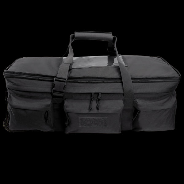 The Condor Haul 37 Rolling Duffle is a large black tactical bag with two handles, a shoulder strap, multiple zippered front pockets, and rolling capability—ideal for military or first responder use.