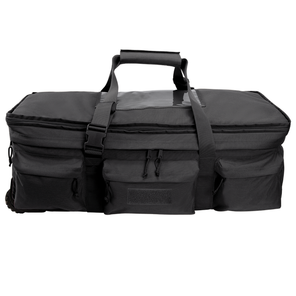 The Condor Haul 37 Rolling Duffle is a large black tactical bag with two handles, a shoulder strap, multiple zippered front pockets, and rolling capability—ideal for military or first responder use.
