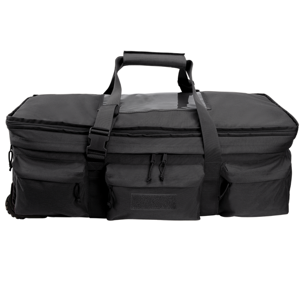 The Condor Haul 37 Rolling Duffle is a large black tactical bag with two handles, a shoulder strap, multiple zippered front pockets, and rolling capability—ideal for military or first responder use.