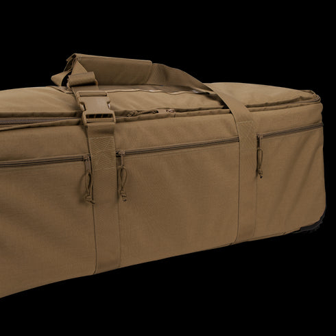 The Condor Haul 37 Rolling Duffle, shown in brown with multiple zippered compartments and a handle strap against a white background, is ideal for military or first responder use.