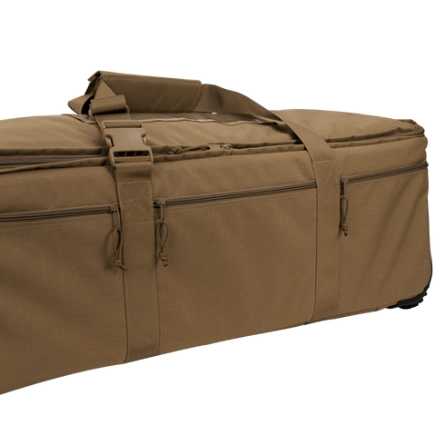 The Condor Haul 37 Rolling Duffle, shown in brown with multiple zippered compartments and a handle strap against a white background, is ideal for military or first responder use.