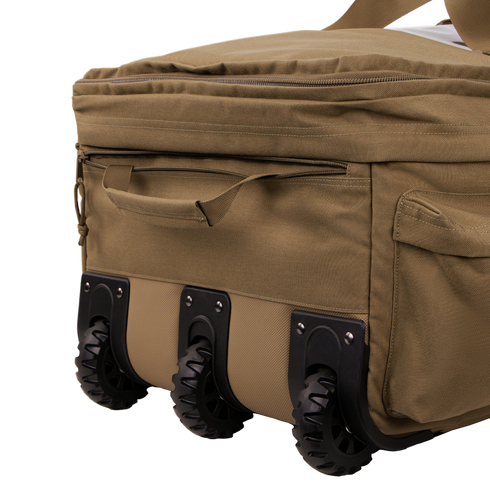 A close-up of the Condor Haul 37 Rolling Duffle in khaki, featuring three black wheels and several zippered compartments.