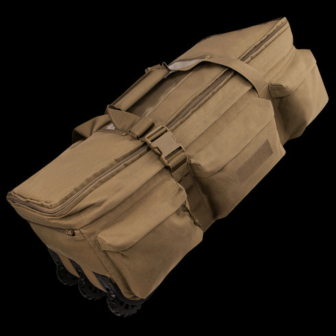 The Condor Haul 37 Rolling Duffle is a spacious tan tactical bag with multiple zippered compartments, sturdy handles, and heavy-duty wheels—perfect for first responders or military use.