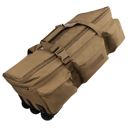 The Condor Haul 37 Rolling Duffle is a spacious tan tactical bag with multiple zippered compartments, sturdy handles, and heavy-duty wheels—perfect for first responders or military use.