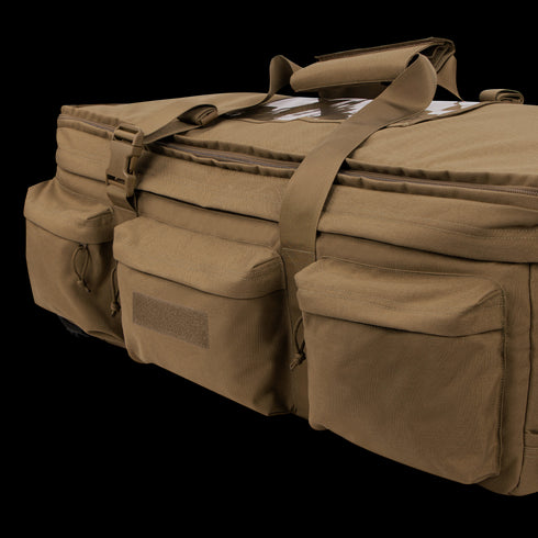 The Condor Haul 37 Rolling Duffle is a tan tactical gear bag with three external pockets, sturdy handles, and buckle closures—perfect for first responders. Shown against a white background.