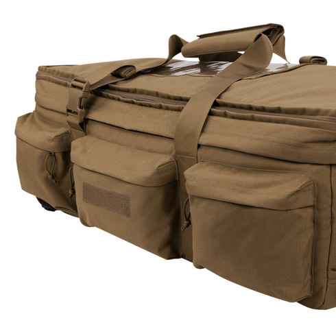 The Condor Haul 37 Rolling Duffle is a tan tactical gear bag with three external pockets, sturdy handles, and buckle closures—perfect for first responders. Shown against a white background.