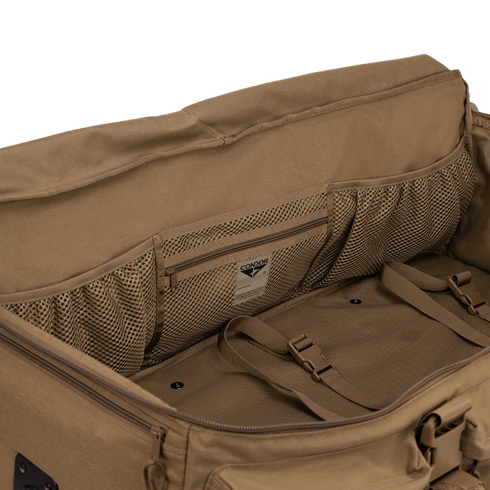 Open tan Haul 37 Rolling Duffle by Condor showing mesh pockets, interior straps, and a zippered compartment—perfect for tactical or first responder use.