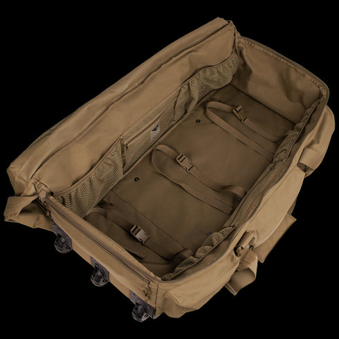 The Condor Haul 37 Rolling Duffle is a large, tan bag with mesh side pockets, interior compression straps, and wheels on one end—perfect for carrying military or first responder gear.