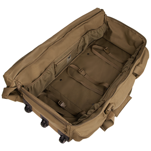 The Condor Haul 37 Rolling Duffle is a large, tan bag with mesh side pockets, interior compression straps, and wheels on one end—perfect for carrying military or first responder gear.